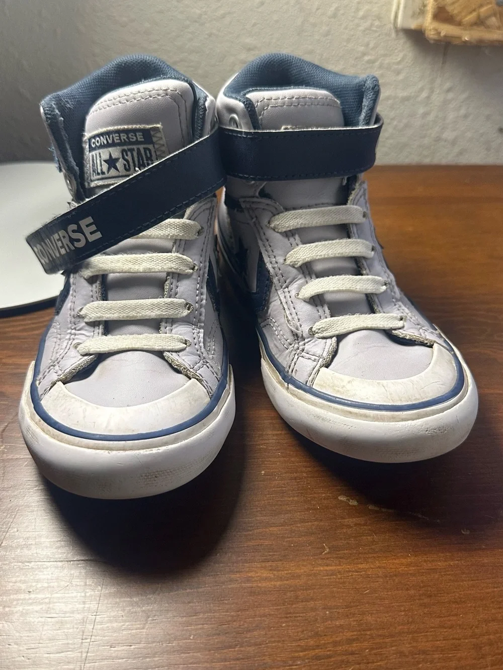 Converse White and Navy High-Top Sneakers with Strap